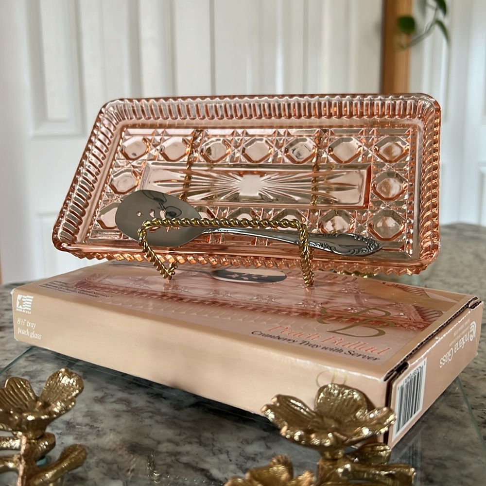 Vintage Indiana Glass Peach Ballad Serving Tray with Spoon - New in Box